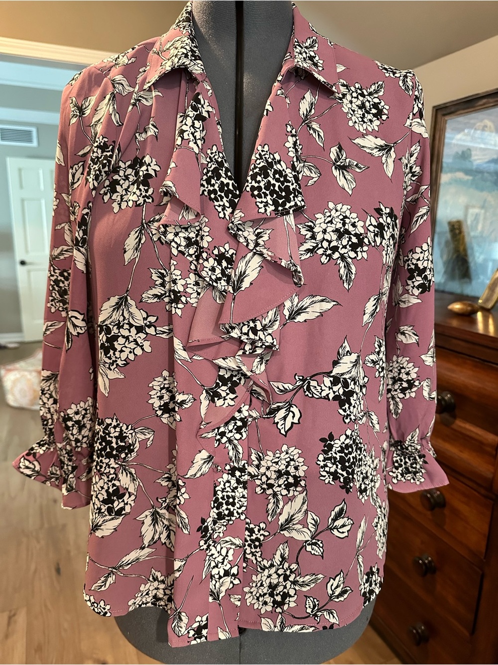 Karl Lagerfeld Dusty Rose Floral Ruffle Blouse